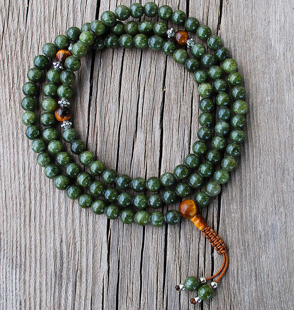 108 Mala 12mm Jade Guru w/Aventurine Meditation 8mm Bi-Color Jade Prayer Beads