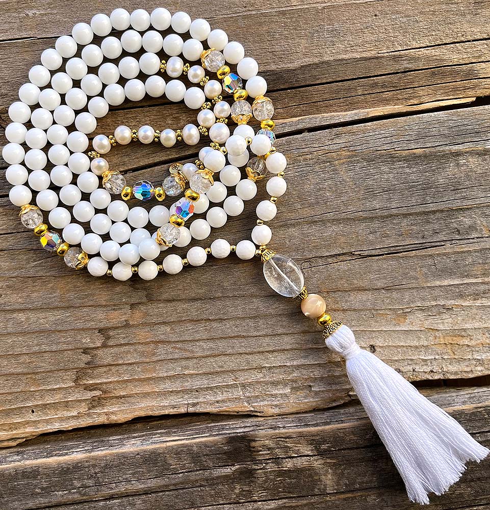 White Jade Pearl + Swarovski Crystal Mala Necklace